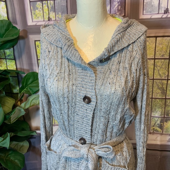 SO Knit Sweater Hoodie Oatmeal Pockets Belt Cardigan Buttons XL Duster Casual - Picture 7 of 14